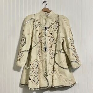French Collizioni Womens L White Leather Star Swing Coat 80s Celestial Rare VTG